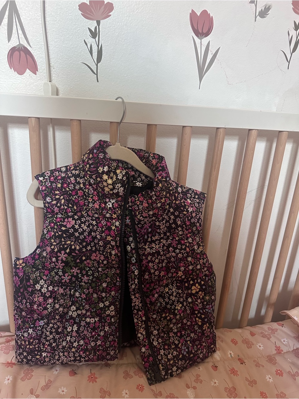 GAP Girls' Black Floral Quilted Vest with Pink & Cream Flowers back to school